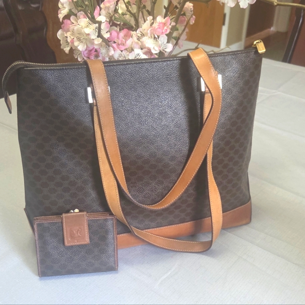 Celine Monogram Macadam Tote Bag With Matching Wallet.